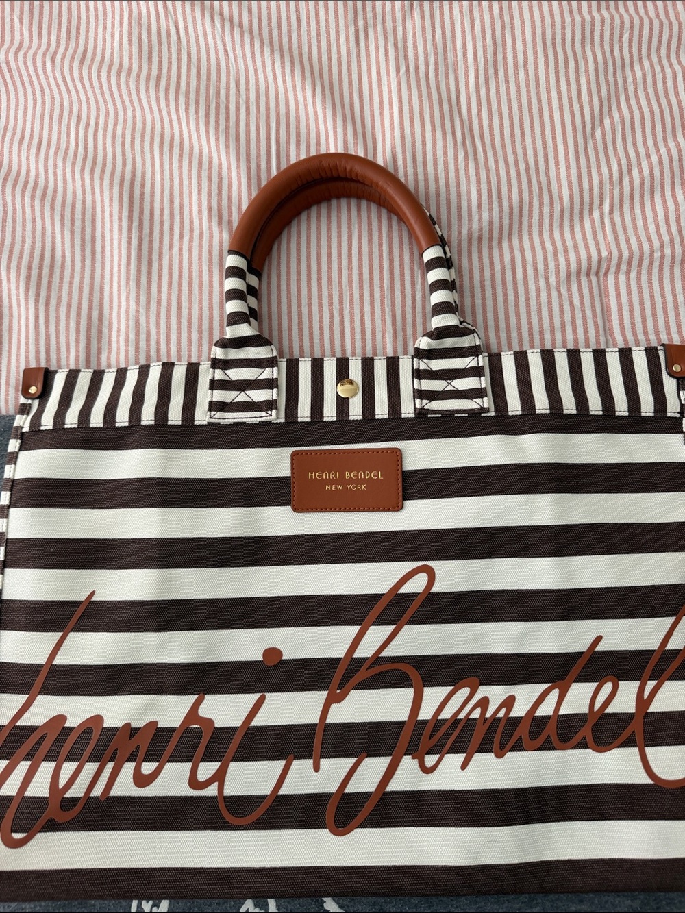 Henri Bendel Brown & White Striped Signature Tote with Tan Leather Handles